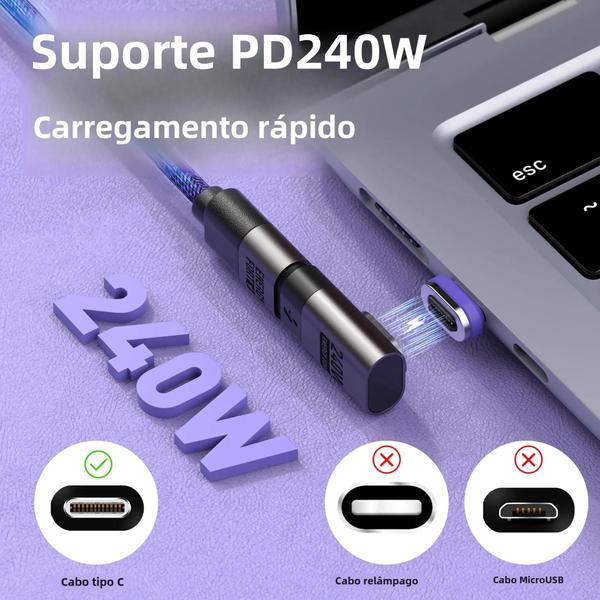 Imagem de Adaptador Magnético De Ângulo Reto USB C Macho Para Fêmea 240W 90 Graus PD30 Extensor Tipo C De