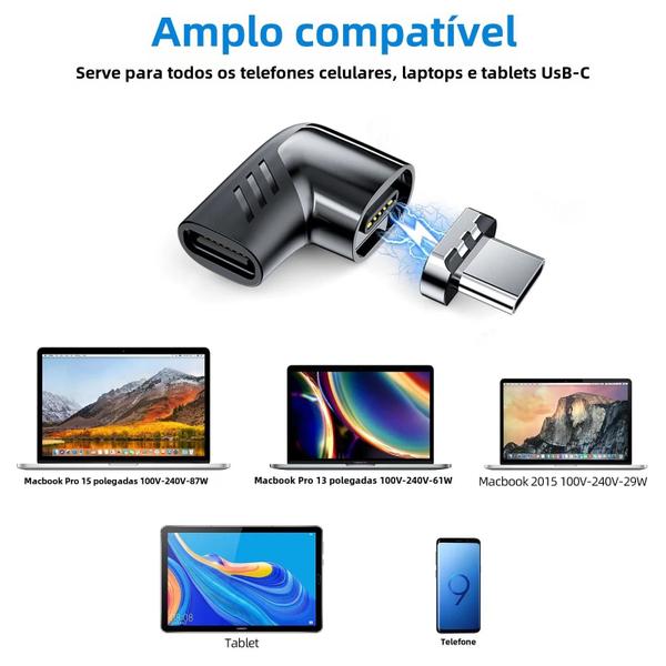 Imagem de Adaptador Magnético USB-C para Tipo-C 120W - Carregamento Rápido com Conector em Ângulo Reto