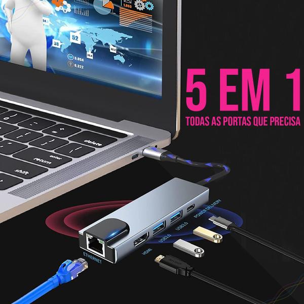 Imagem de Adaptador Multifuncional HUB HDMI USB 3.0 Tipo-C Ethernet RJ45 PC Celular