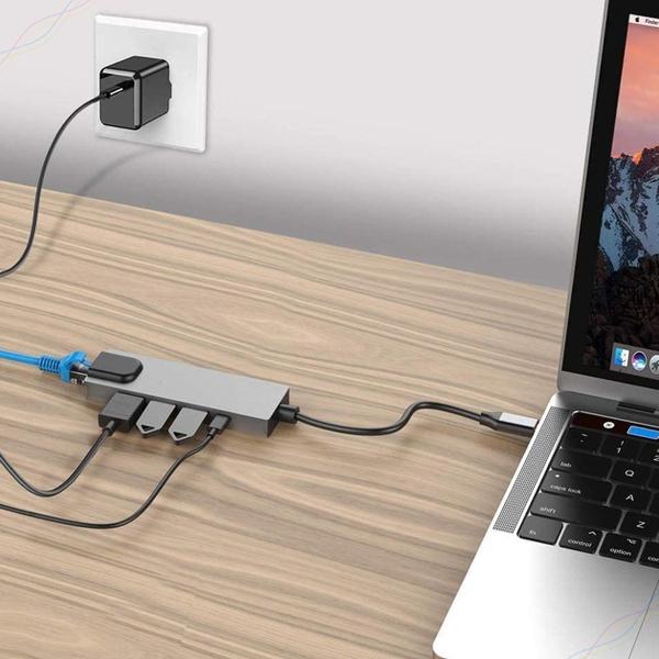 Imagem de Adaptador Multifuncional HUB HDMI USB 3.0 Tipo-C Ethernet RJ45 PC Celular