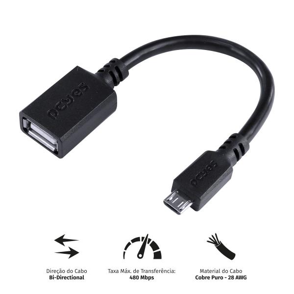 Adaptador OTG Micro USB para USB 2.0 15CM Preto Conexão com Celulares Smartphones Tablets - PAMUP-15 - PCYES Imagem de Adaptador OTG Micro USB para USB 2.0 15CM Preto Conexão com Celulares Smartphones Tablets - PAMUP-15