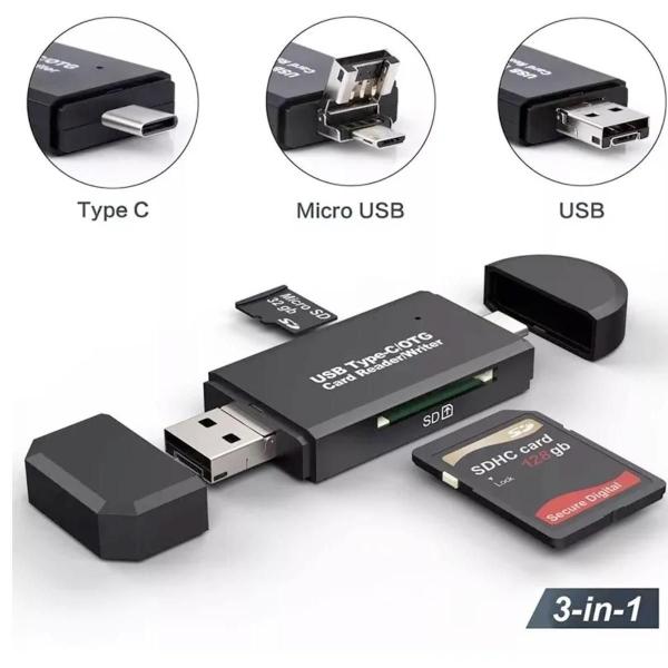 Imagem de Adaptador Otg Tipo C Leitor De Cartão Sd E Micro Sd Preto