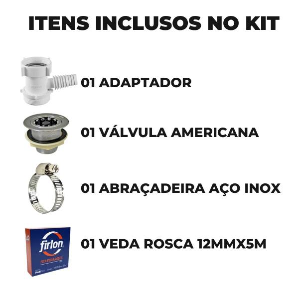 Imagem de Adaptador Para Máquina de Lavar Louça + Válvula Americana + Abraçadeira 1" + Fita Veda Rosca