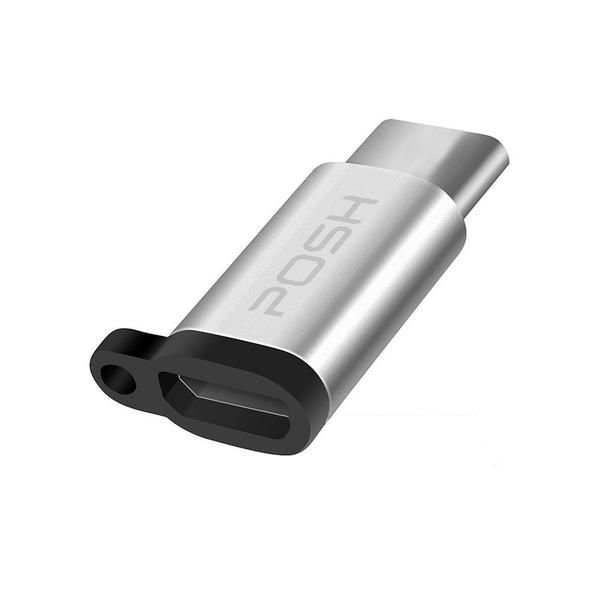 Imagem de Adaptador Posher Micro USB para USB C em metal com cordao para cabo USB Prateado