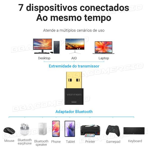 Imagem de Adaptador Receptor Bluetooth 5.1 Vention Para 7 Dispositivos