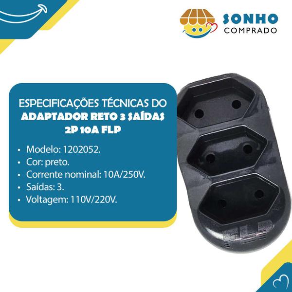 Imagem de Adaptador reto 3 saídas 2P 10A preto 1202052 FLP