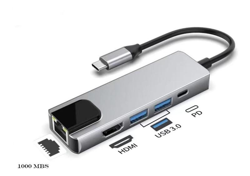 Imagem de Adaptador Tipo C 5 Em 1 Lan 1000mb Rj45 Usb 3.0 4k Hdmi Pd