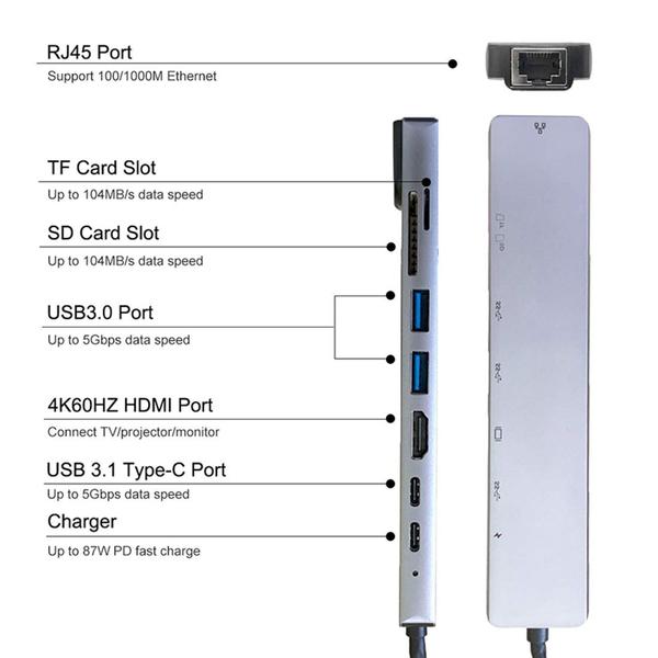 Imagem de Adaptador Tipo C hdmi hub 8 Portas com Hdmi 4k + Usb-c + Rj45 100mb  para Macbook