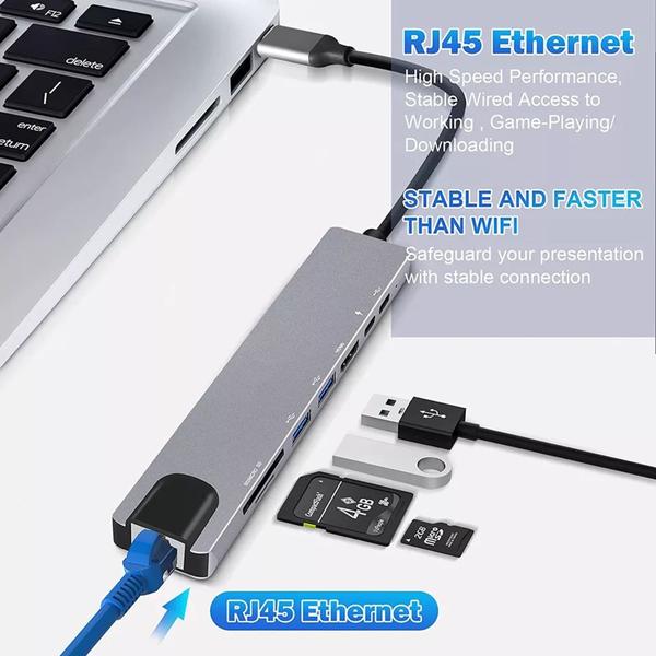 Imagem de Adaptador Tipo C hdmi hub 8 Portas com Hdmi 4k + Usb-c + Rj45 100mb  para Macbook