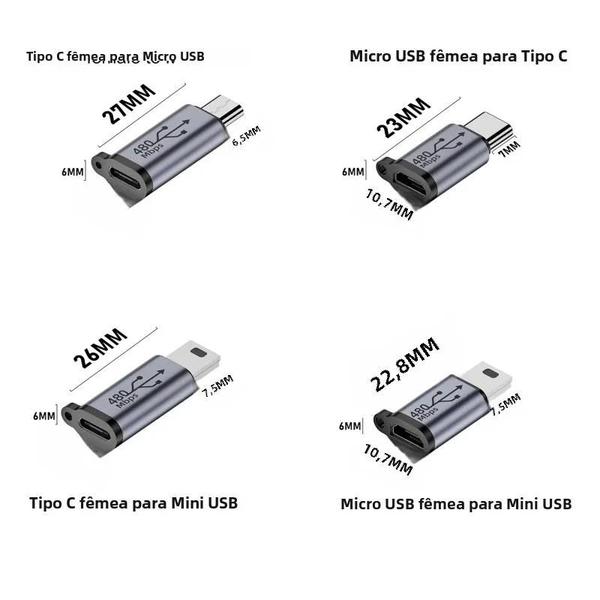 Imagem de Adaptador Tipo C, Micro USB e Mini USB para Conectores USB-C