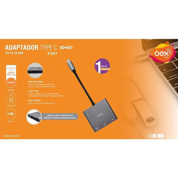 Imagem de Adaptador Tipo C USB-C HDMI 105mm OEX AD401 Cinza