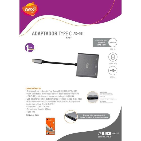 Imagem de Adaptador Tipo C USB-C HDMI 105mm OEX AD401 Cinza