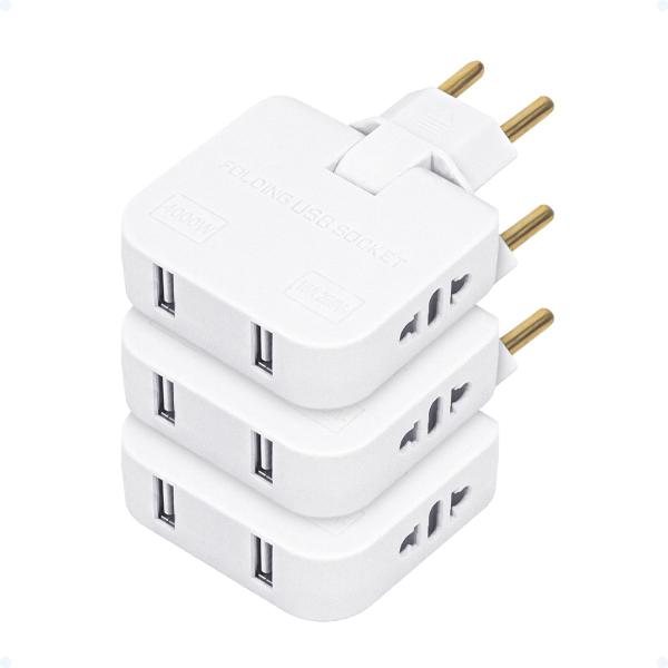 Imagem de Adaptador Tomada Plug T Articulado 2 USB 16A 250v Kit 3 Und