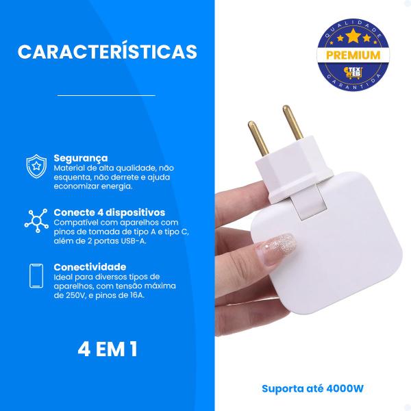 Imagem de Adaptador Tomada Plug T Articulado 2 USB 16A 250v Kit 3 Und