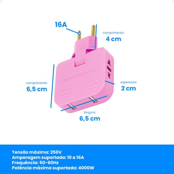 Imagem de Adaptador Tomada Plug T Articulado 2 USB 16A 250v Kit 3 Und