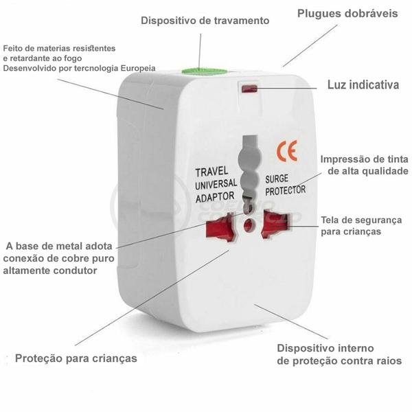 Imagem de Adaptador Tomada Universal Padrão 150 Países Uk Europa EUA Asia Viagem Bivolt 110/220 Bivolt AIO