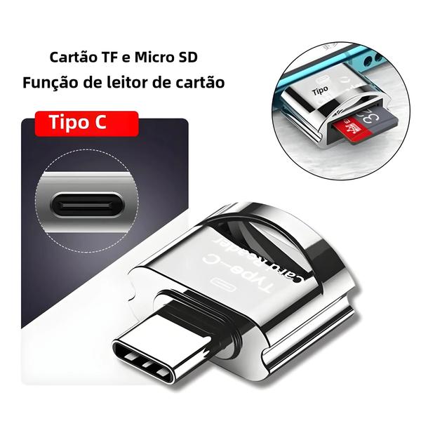 Imagem de Adaptador USB 3.0 Tipo C para iPhone, Samsung e Xiaomi - Leitor de Cartões Mini e Micro