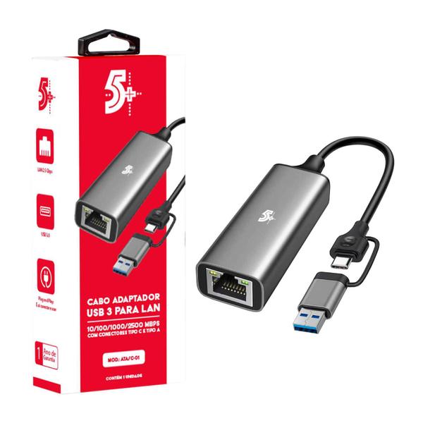 Imagem de Adaptador Usb 3 P/ Lan 2500 Mbps Conectores Usb C e Usb A