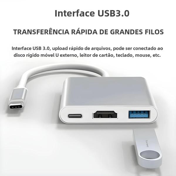 Imagem de Adaptador USB-C 3 em 1 para HDMI - Conversor com Hub USB 3.1 e Carregamento para Samsung S23 Ultra