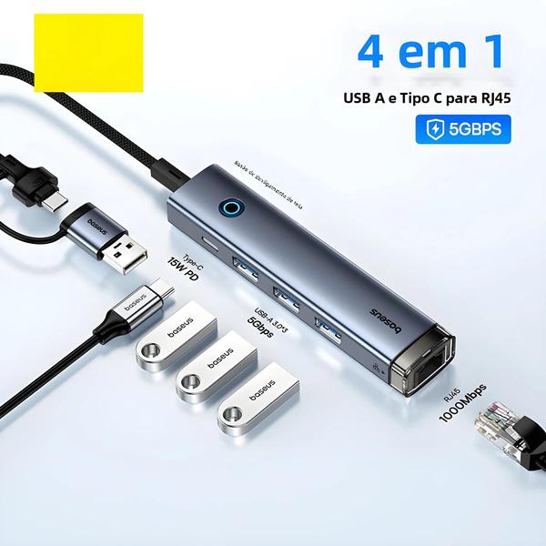 Adaptador USB-C 4 em 1 para Macbook - Hub com Ethernet Gigabit Imagem de Adaptador USB-C 4 em 1 para Macbook - Hub com Ethernet Gigabit