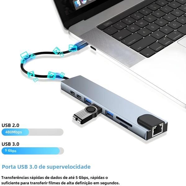 Imagem de Adaptador USB-C 8 em 1 Multiportas - 4K HDMI, RJ45, PD, Leitor de Cartões SD/TF para MacBook Air