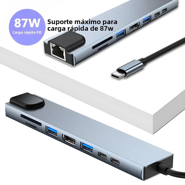 Imagem de Adaptador USB-C 8 em 1 Multiportas - 4K HDMI, RJ45, PD, Leitor de Cartões SD/TF para MacBook Air