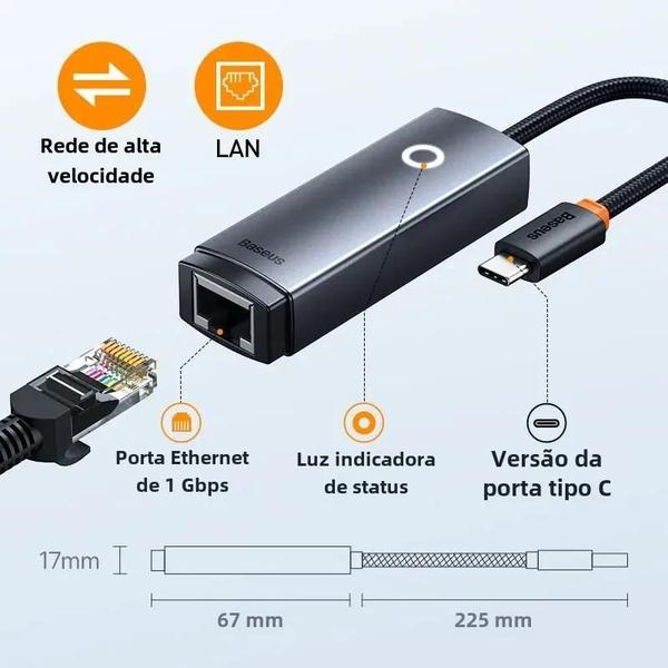 Adaptador USB-C para Ethernet Gigabit RJ45 - 1000/100 Mbps - Alumínio Imagem de Adaptador USB-C para Ethernet Gigabit RJ45 - 1000/100 Mbps - Alumínio