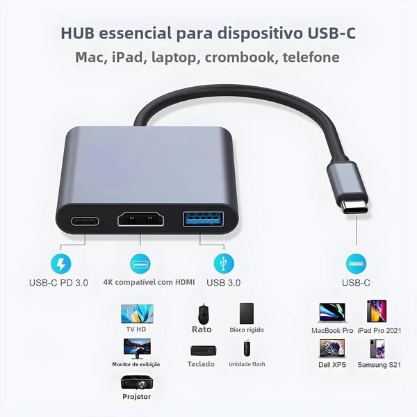 Imagem de Adaptador USB-C para HDMI 4K - Hub com Carregamento para MacBook Air 12"