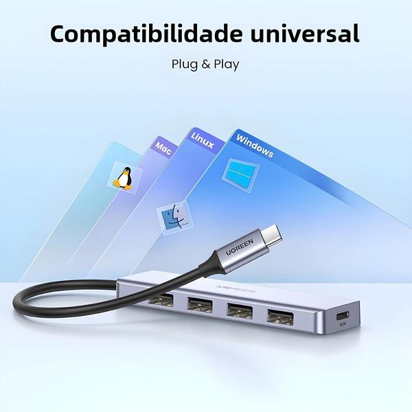 Adaptador USB-C Ugreen 4 Portas USB 3.0 - Compatível com Macbook, iPad Pro e Samsung Galaxy Imagem de Adaptador USB-C Ugreen 4 Portas USB 3.0 - Compatível com Macbook, iPad Pro e Samsung Galaxy