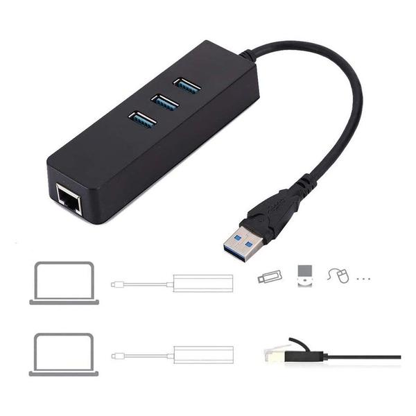 Imagem de Adaptador USB Ethernet, Hub USB3.0 3 portas RJ45 10/100/1000