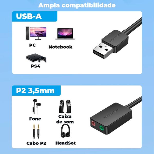 Imagem de Adaptador USB Placa De Audio Som Fone x Microfone P2 Vention