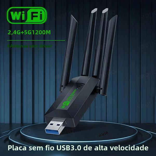 Imagem de Adaptador USB WiFi de Banda Dupla 1200Mbps (2.4G/5GHz) - 4 Antenas, 802.11ac, USB 3.0