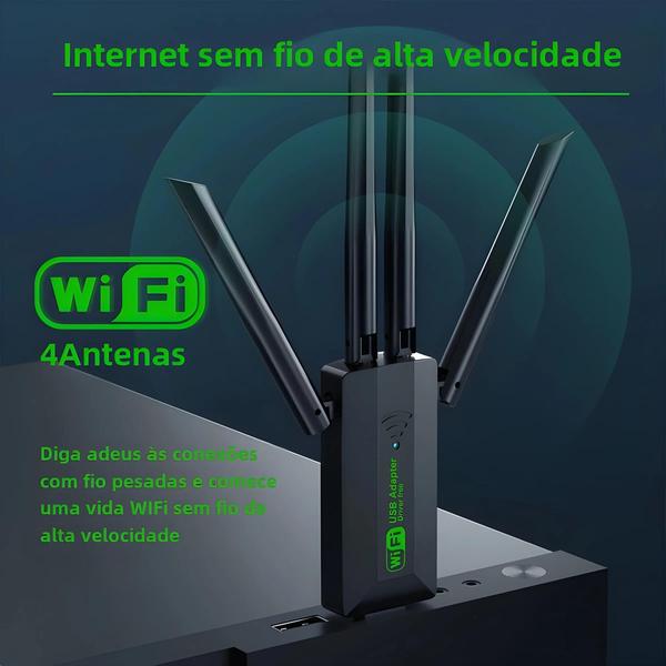 Imagem de Adaptador USB WiFi de Banda Dupla 1200Mbps (2.4G/5GHz) - 4 Antenas, 802.11ac, USB 3.0