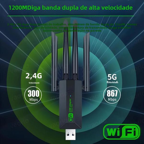 Imagem de Adaptador USB WiFi de Banda Dupla 1200Mbps - 4 Antenas 2.4G/5GHz - Para Windows 10/11