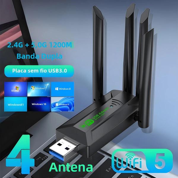 Imagem de Adaptador USB WiFi de Banda Dupla 1200Mbps - 4 Antenas 2.4G/5GHz - Para Windows 10/11