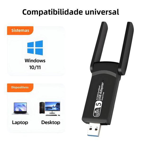 Imagem de Adaptador USB WiFi de Banda Dupla 1300Mbps (2.4G/5GHz) - 802.11ac - para Windows 7/10/11