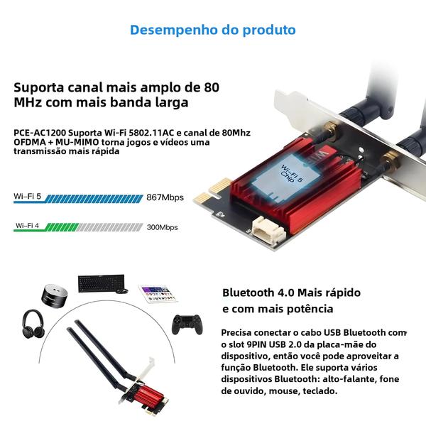 Imagem de Adaptador Wi-Fi 5 PCI-E AC1200 Dual Band com Bluetooth 4.0 - Para Windows