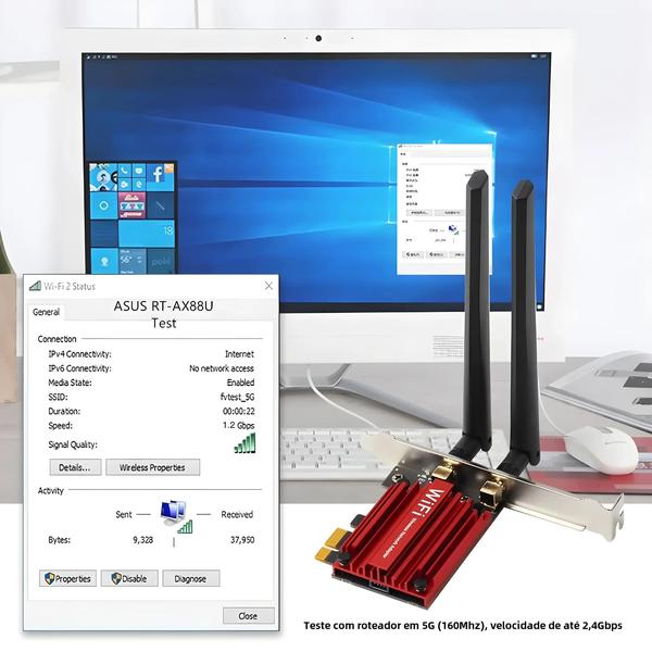 Imagem de Adaptador Wi-Fi 6 PCIe 1800Mbps Dual Band com Bluetooth 5.2 - MT7921 - Windows 10