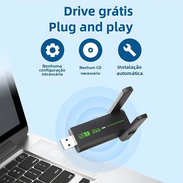 Imagem de Adaptador WiFi USB AC650 Dual Band - Placa de Rede Sem Fio para PC e Laptop (Win7/10/11)