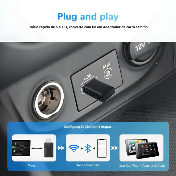 Imagem de Adaptador Wireless CarPlay e Android Auto 2 em 1 - Plug and Play para Som Automotivo OEM