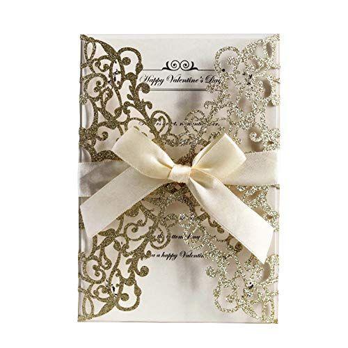 Imagem de AdasBridal 50Pcs Glitter Floral Laser Cut Wedding Invitation Cards com envelope folha interna em branco e fita para noivado de casamento Convite para festa de casamento (7.09 X 4.92inch, ouro)