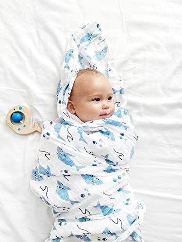 Imagem de ADDISON BELLE  Swaddle Blanket  100% Muslin Cotton Newborn Swaddle for Baby Boy/ Girl  Soft Lightweight Baby Wrap + Receiving Blanket  Unissex  47" x 47" (Tubarões)