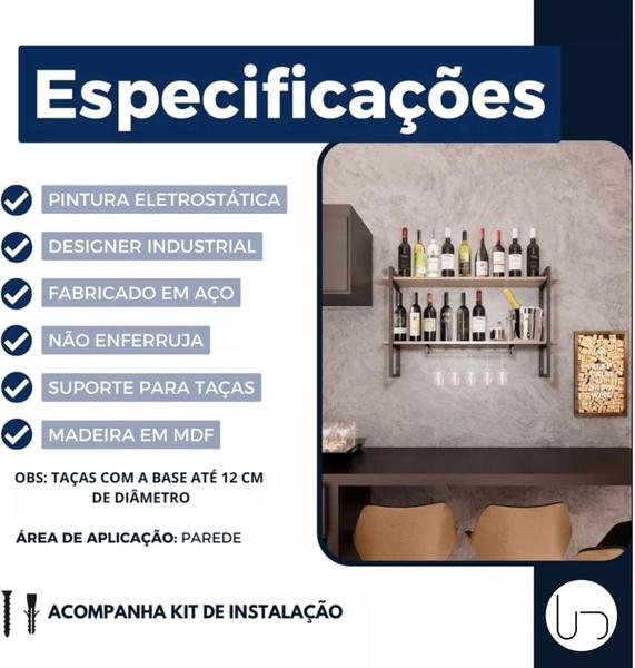 Imagem de Adega Bar Prateleira Nicho Industrial Suporte Taça MDF Qualidade Pintura Epóxi Não Enferruja (Branco, 90cm) Utilika