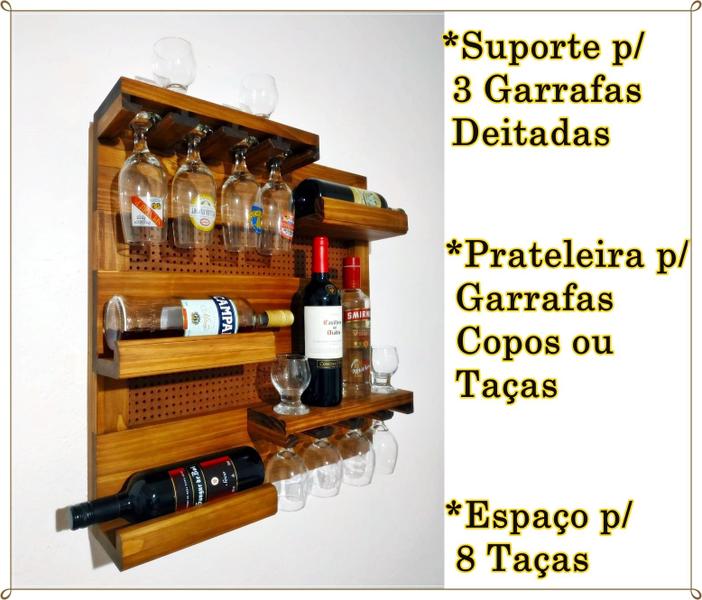 Imagem de Adega Barzinho de Parede Whisky Vinhos Garrafas Taças Copos Bar Madeira