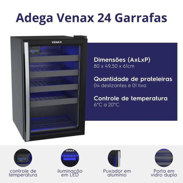 Imagem de Adega Venax 24 Garrafas 1 Porta Preto Variação de temperatura (C) Regulável 6C à 20C