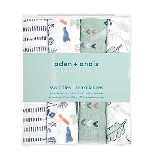 Imagem de aden + anais Essentials Swaddle Blanket, Cobertores de Musselina para Meninas & Meninos, Baby Receiving Swaddles, Presentes recém-nascidos, itens de chuveiro infantil, conjunto de swaddling wearable, 4 Pk, Dinotime