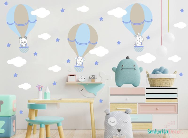 Imagem de adesivo de parede balões animais azul bebê