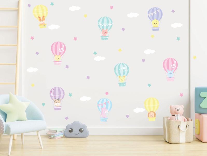 Imagem de adesivo de parede balões animais tons pasteis