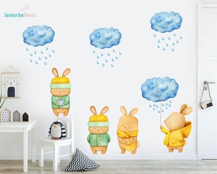 Imagem de adesivo de parede decoração coelhinhos chuva