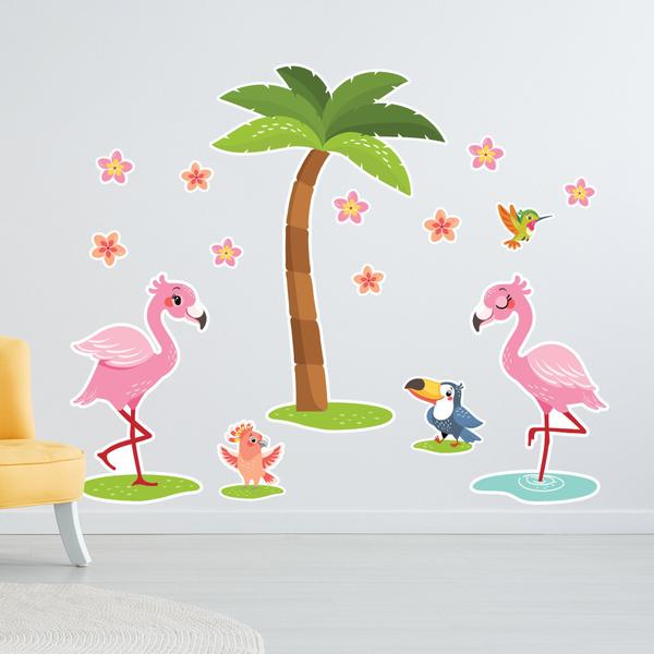 Imagem de Adesivo de Parede Flamingos e Flores para Quarto de Menina